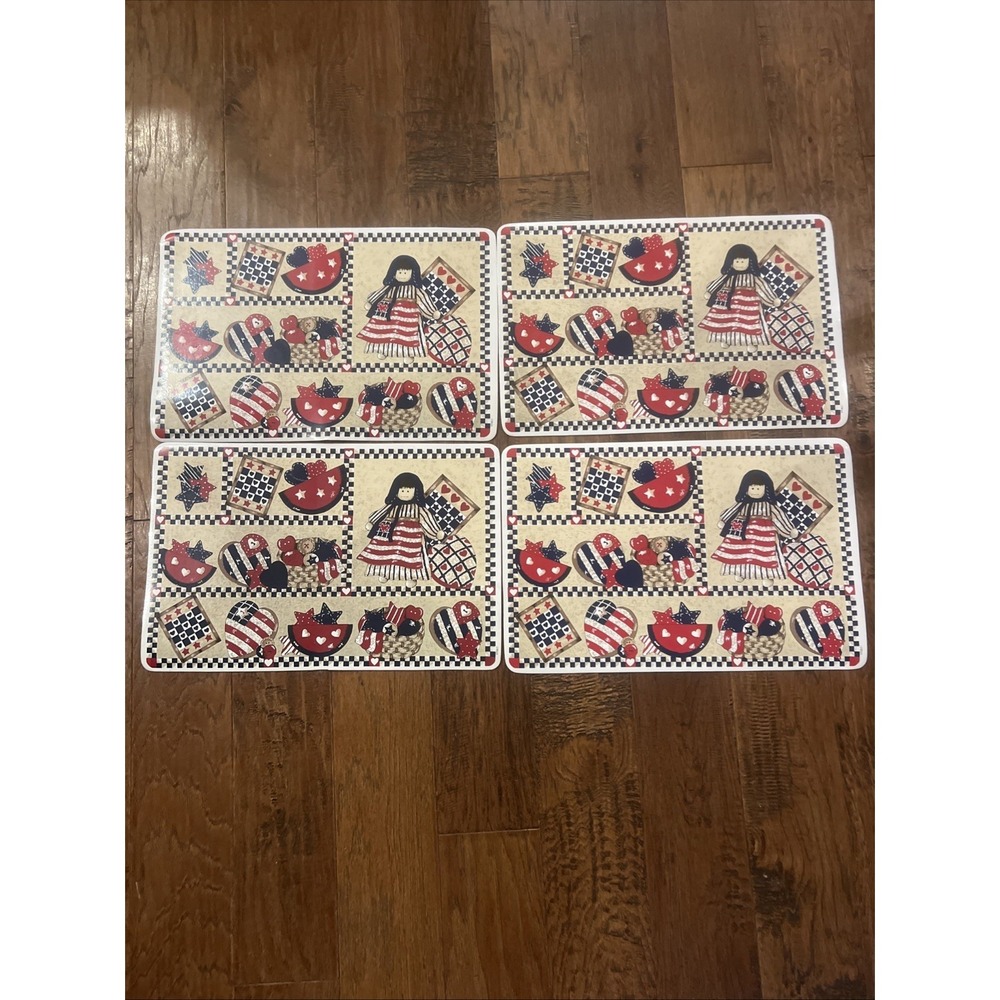 Vintage 4 Patriotic American Flag Vinyl Table Place Mats Folk Art B&D Americana